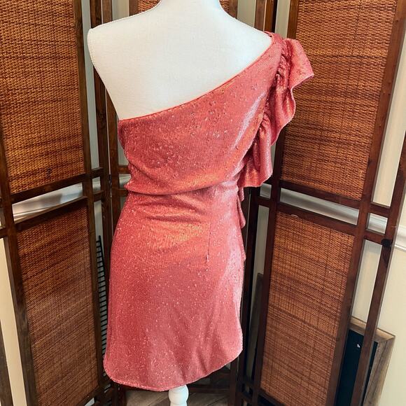 NWT Revolve C/Meo Collective Pink Sequin One-Shoulder Sheath Dress Ruffled Sz L - Picture 5 of 12